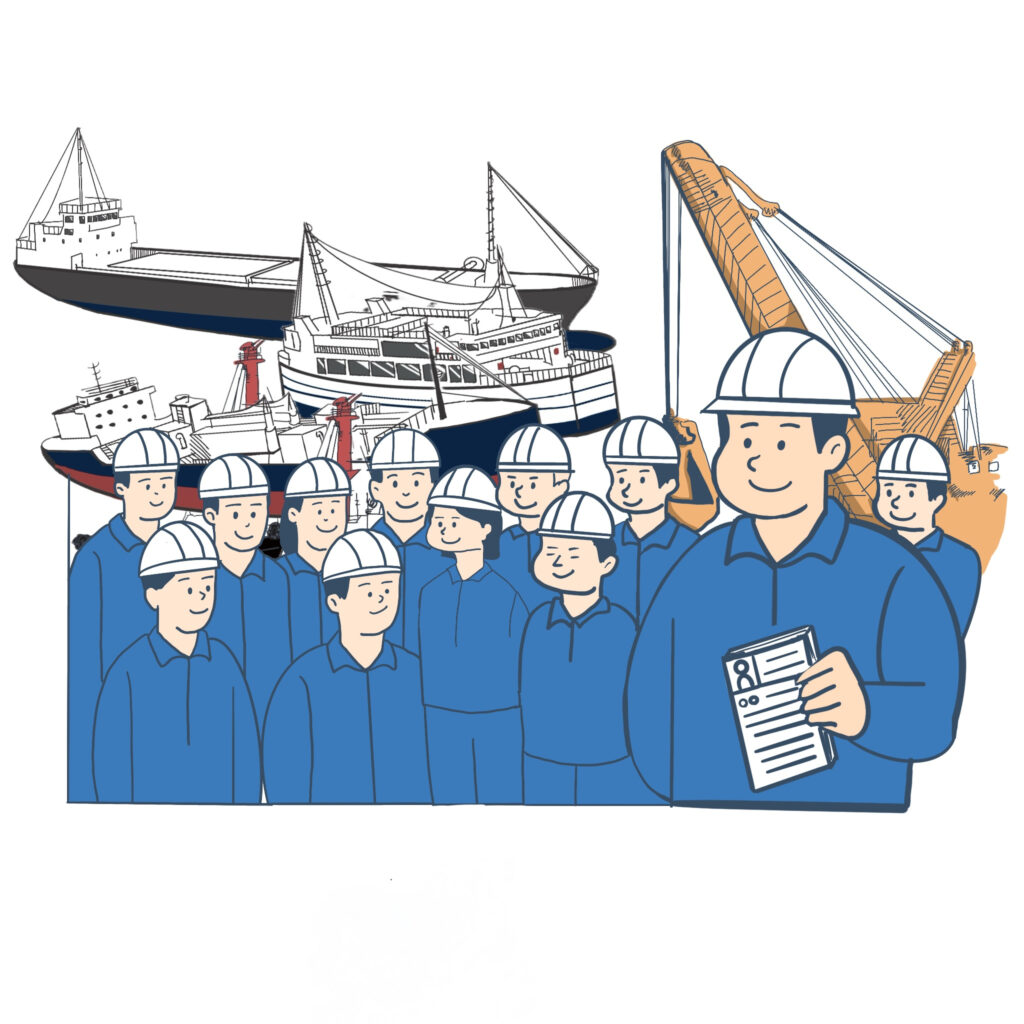 船員配乗 Group of blue-uniformed workers wearing hard hats, gathered at a port with ships and a crane in the background.