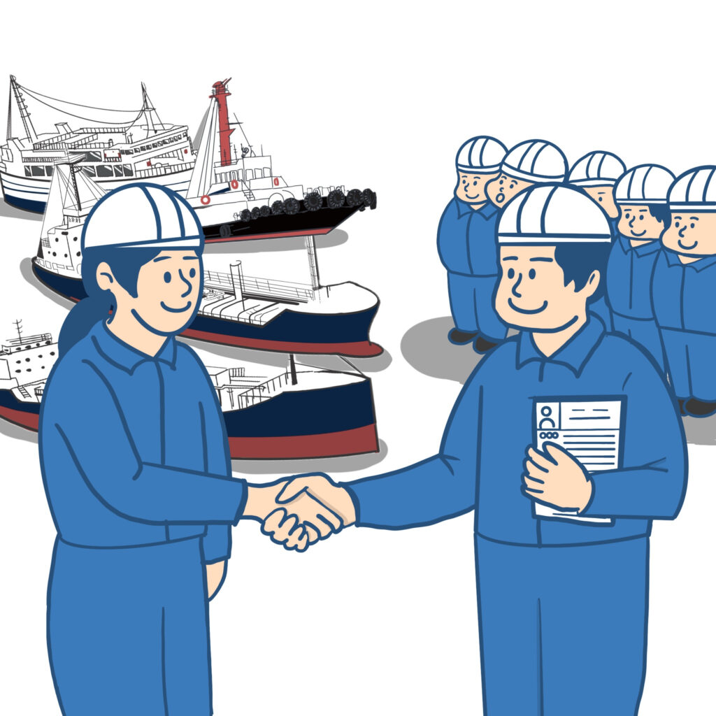 船員派遣 Workers in blue uniforms and hard hats shake hands in the foreground with a docked ship and boats visible behind them, suggesting a work agreement or collaboration.